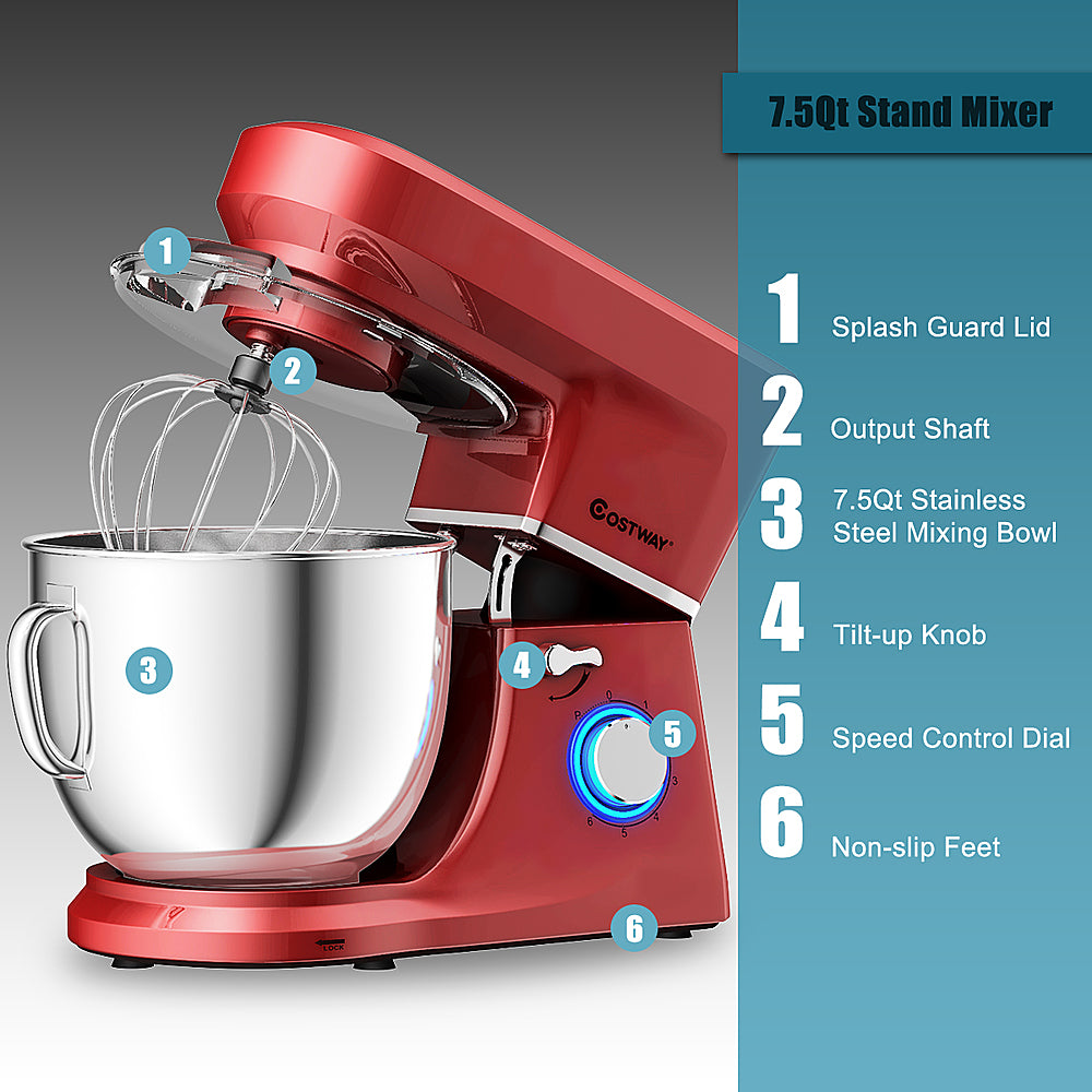 Costway - Tilt-Head Stand Mixer 7.5 Qt 6 Speed 660W with Dough Hook, Whisk & Beater - Red_4