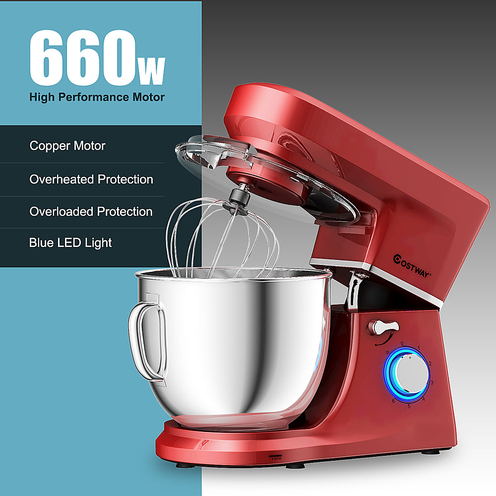 Costway - Tilt-Head Stand Mixer 7.5 Qt 6 Speed 660W with Dough Hook, Whisk & Beater - Red_7