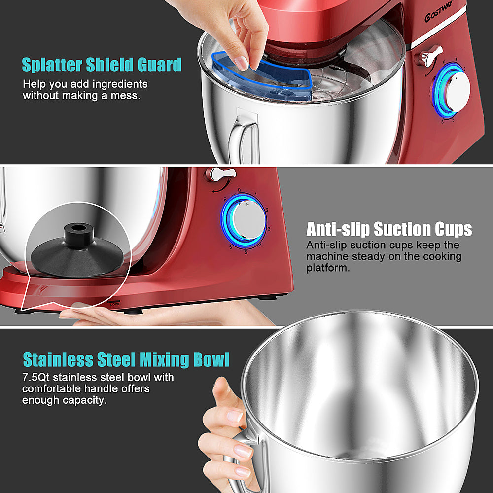 Costway - Tilt-Head Stand Mixer 7.5 Qt 6 Speed 660W with Dough Hook, Whisk & Beater - Red_8