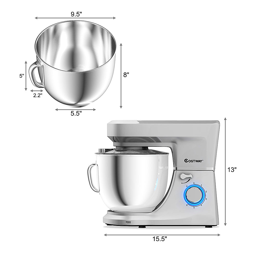 Costway - Tilt-Head Stand Mixer 7.5 Qt 6 Speed 660W with Dough Hook, Whisk & Beater - Silver_1