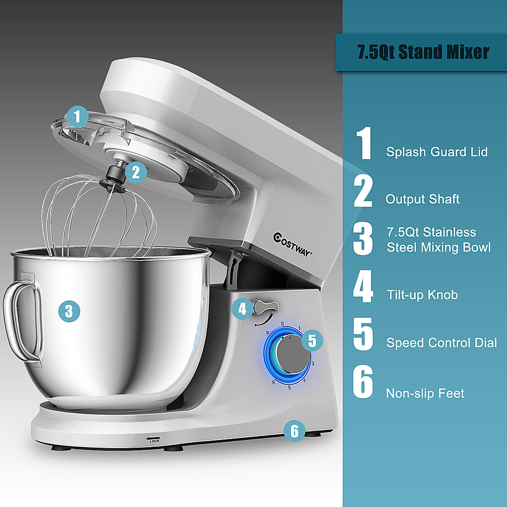 Costway - Tilt-Head Stand Mixer 7.5 Qt 6 Speed 660W with Dough Hook, Whisk & Beater - Silver_4