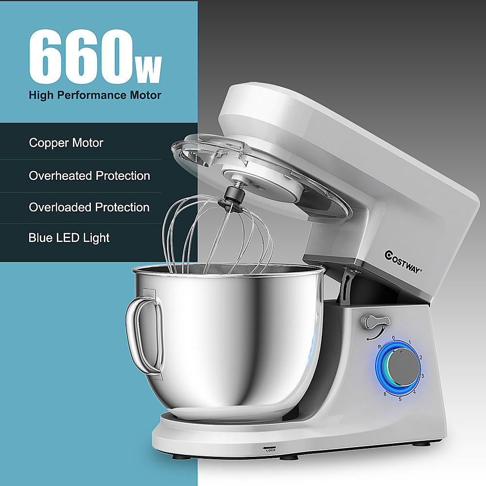 Costway - Tilt-Head Stand Mixer 7.5 Qt 6 Speed 660W with Dough Hook, Whisk & Beater - Silver_7