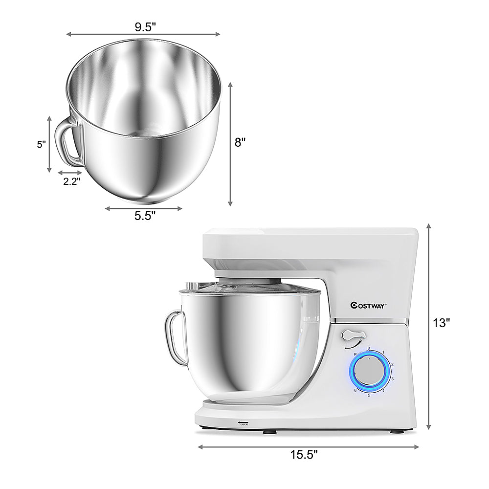 Costway - Tilt-Head Stand Mixer 7.5 Qt 6 Speed 660W with Dough Hook, Whisk & Beater - White_1