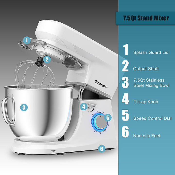 Costway - Tilt-Head Stand Mixer 7.5 Qt 6 Speed 660W with Dough Hook, Whisk & Beater - White_4