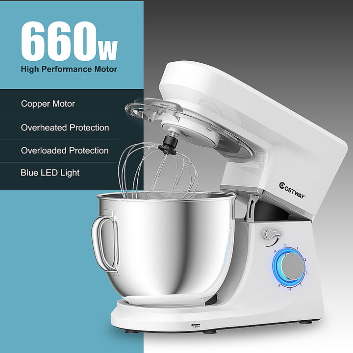 Costway - Tilt-Head Stand Mixer 7.5 Qt 6 Speed 660W with Dough Hook, Whisk & Beater - White_7