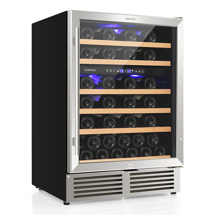 Costway - 24 Inch Wine Cooler 51 Bottles Dual Zone Wine Refrigerator Built-In Freestanding - Black/Silver_0