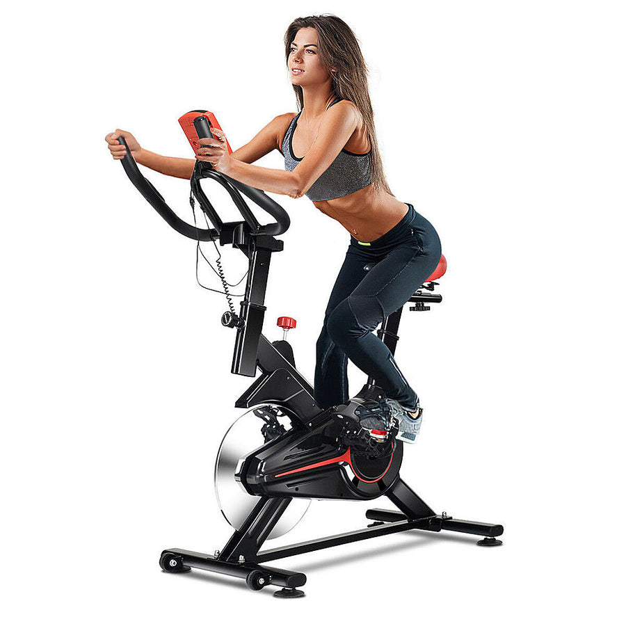 Costway - Indoor Cycling Bike Exercise Cycle Trainer Fitness Cardio Workout LCD Display - Black + Red_0