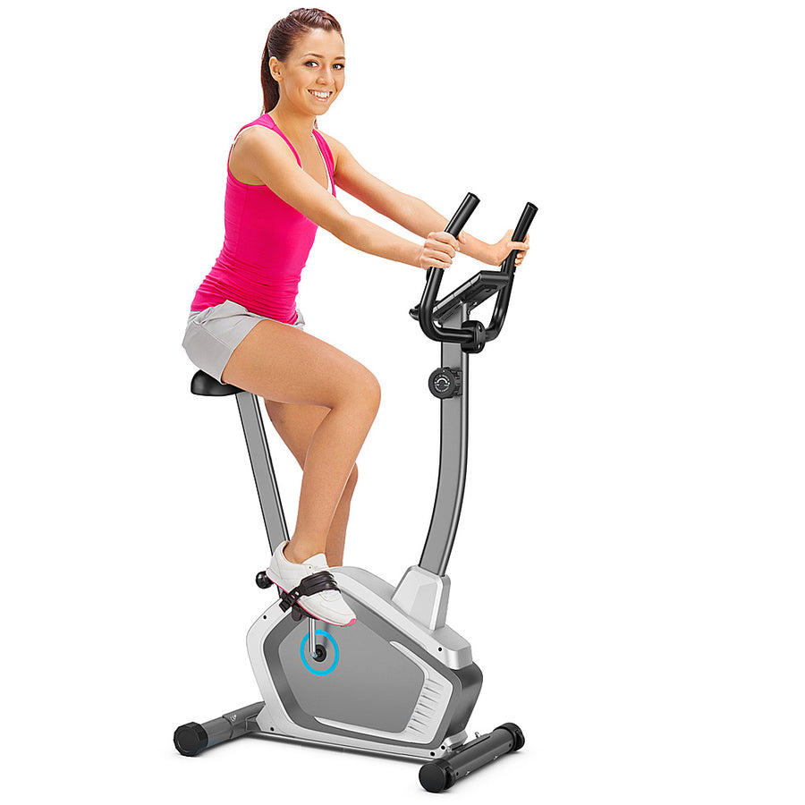 Costway - Magnetic Upright Exercise Bike Cycling Bike W/Pulse Sensor 8-Level Fitness - Silver_0