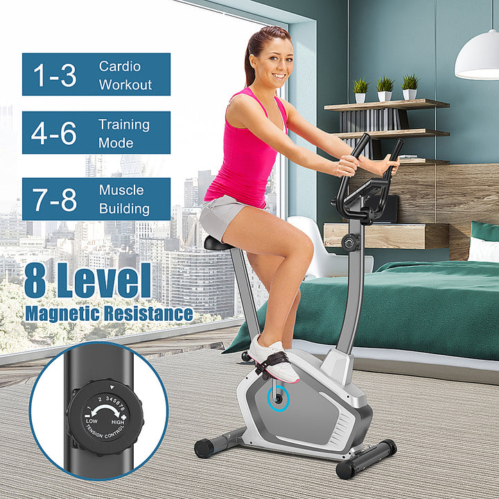 Costway - Magnetic Upright Exercise Bike Cycling Bike W/Pulse Sensor 8-Level Fitness - Silver_3