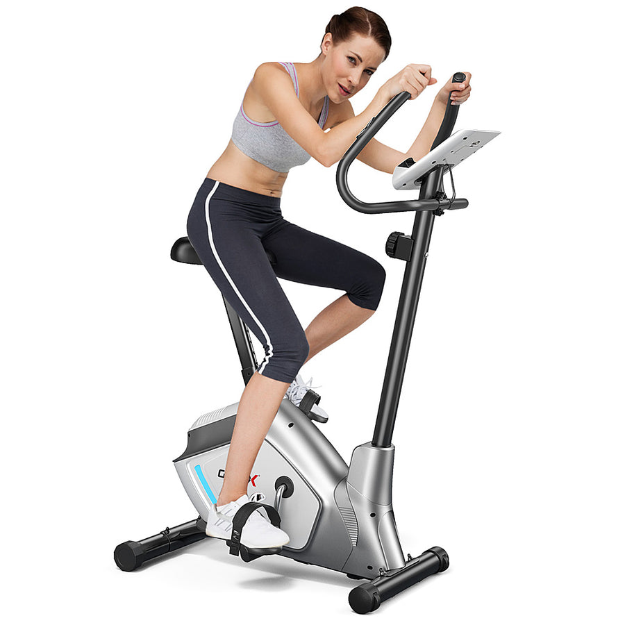 Costway - Magnetic Exercise Bike Upright Cycling Bike w/ LCD Monitor & Pulse Sensor - Black + Grey_0