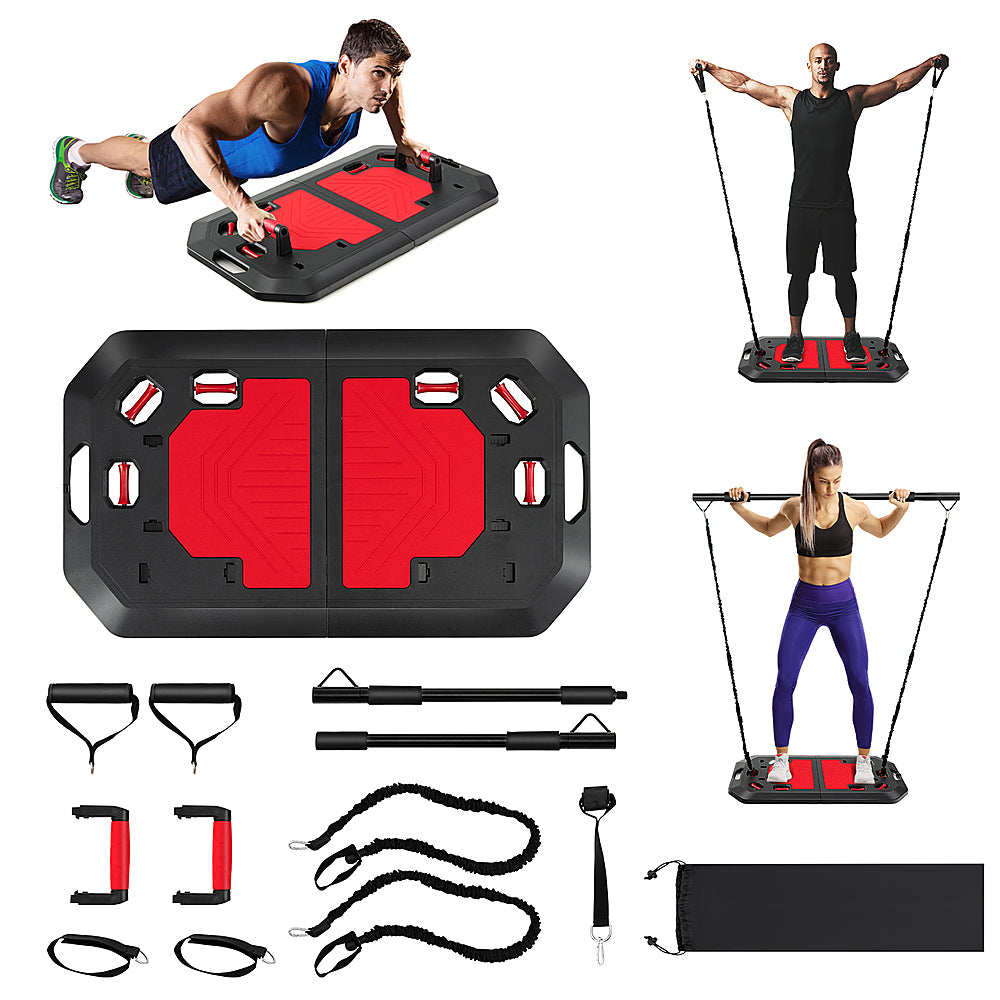 Costway - Push up Board Set Folding Push up Stand with Elastic String Pilate Bar Bag Home Gym - Black/Red_0