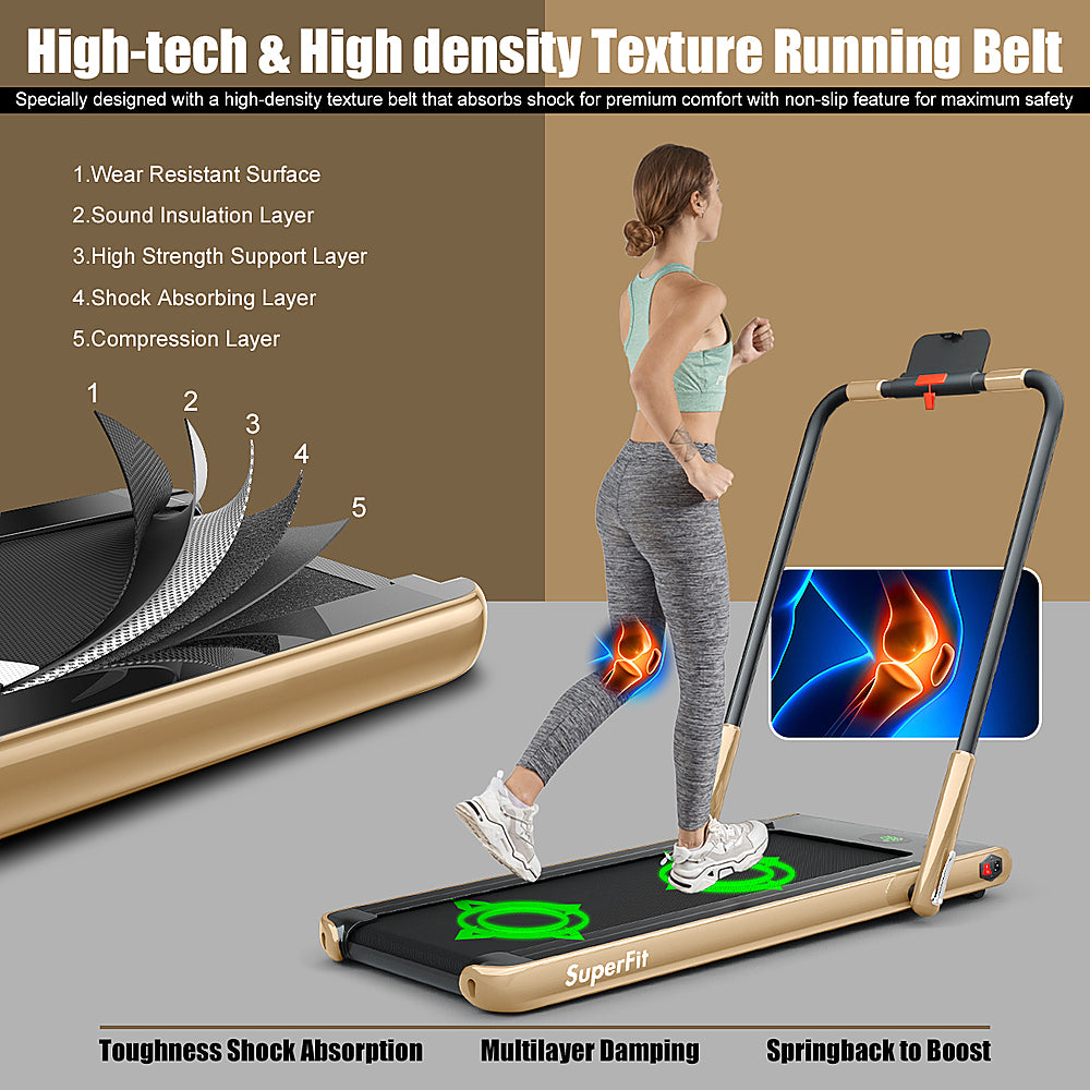 Costway - Up To 7.5MPH 2.25HP 2-in-1 Folding Under Desk Treadmill W/Remote Control  Speaker  APP, Single Display Screen - Gold_0