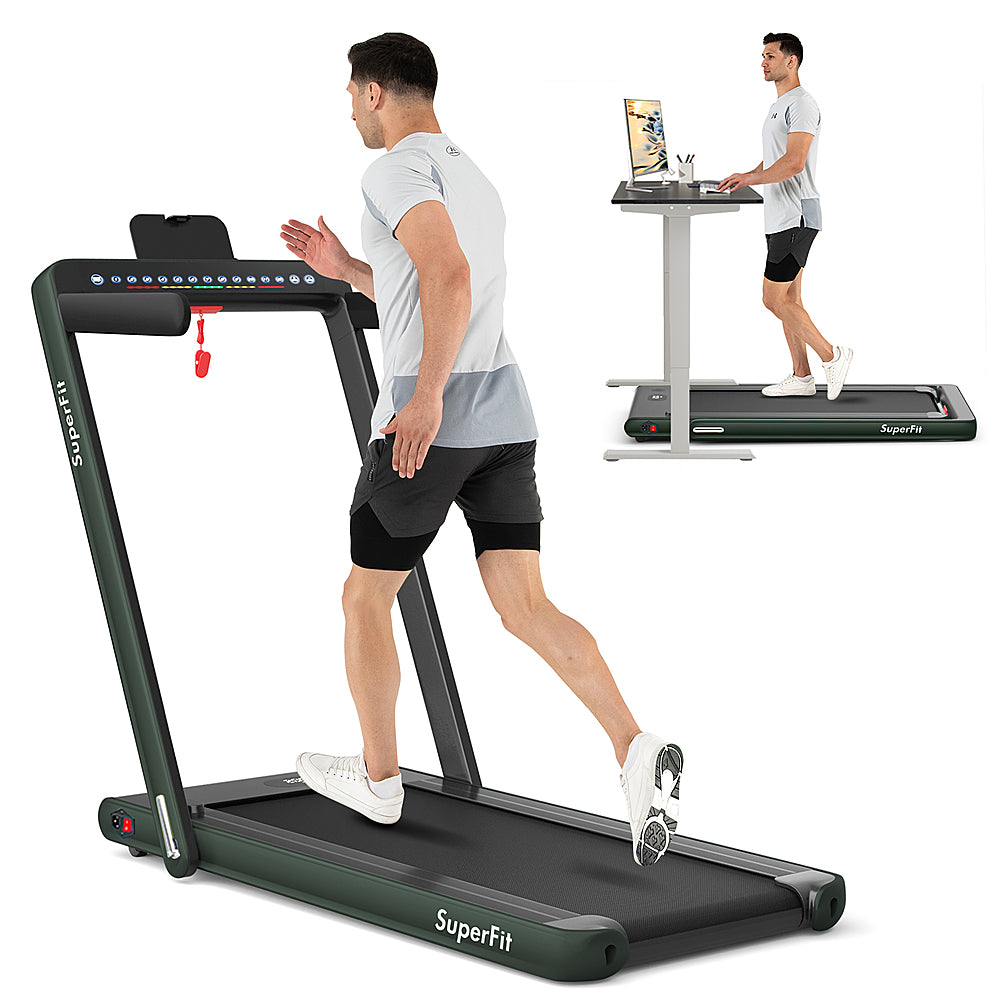 Costway - Up To 7.5MPH 2.25HP 2 in 1 Dual Display Screen Treadmill Jogging Machine W/APP Control - Green_0