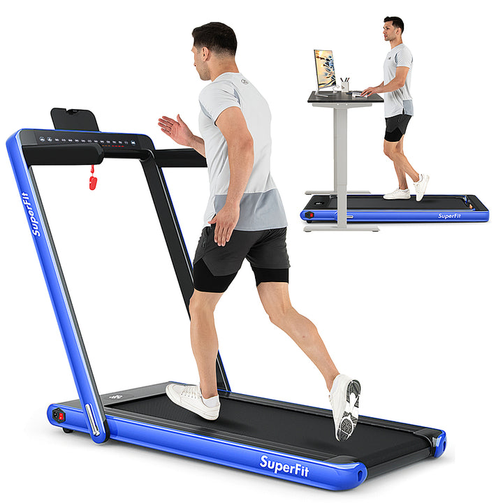 Costway - Up To 7.5MPH 2.25HP 2 in 1 Dual Display Screen Treadmill Jogging Machine W/APP Control - Blue_0