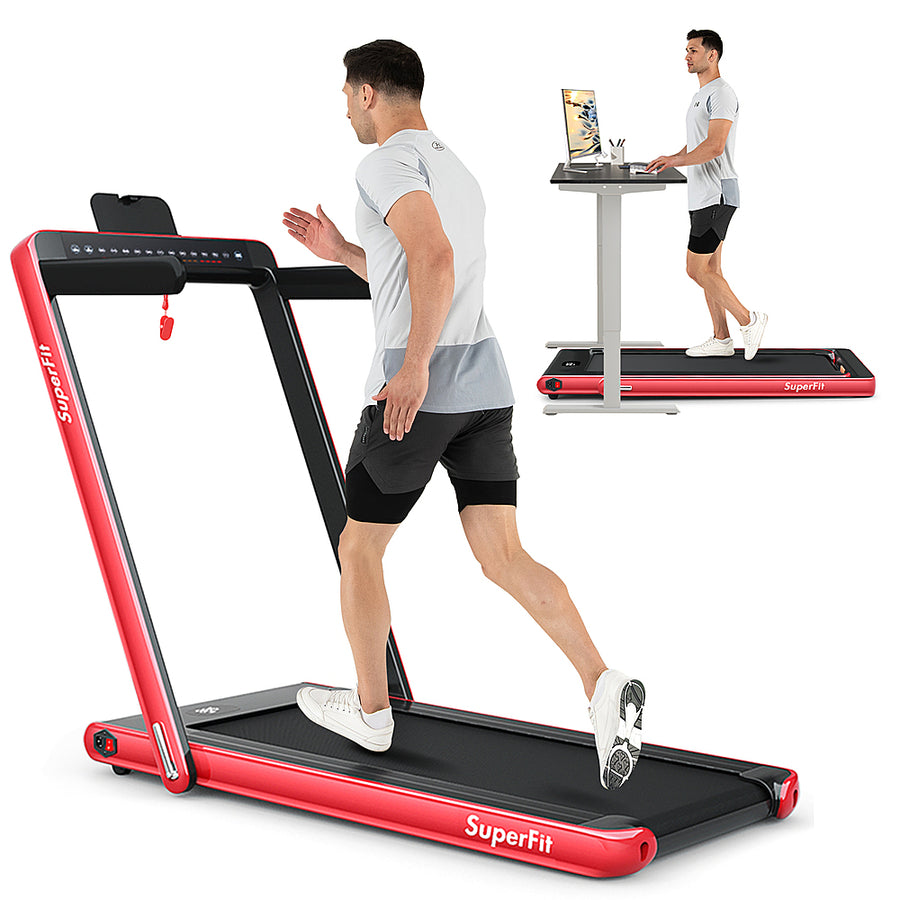 Costway - Up To 7.5MPH 2.25HP 2 in 1 Dual Display Screen Treadmill Jogging Machine W/APP Control - Red_0