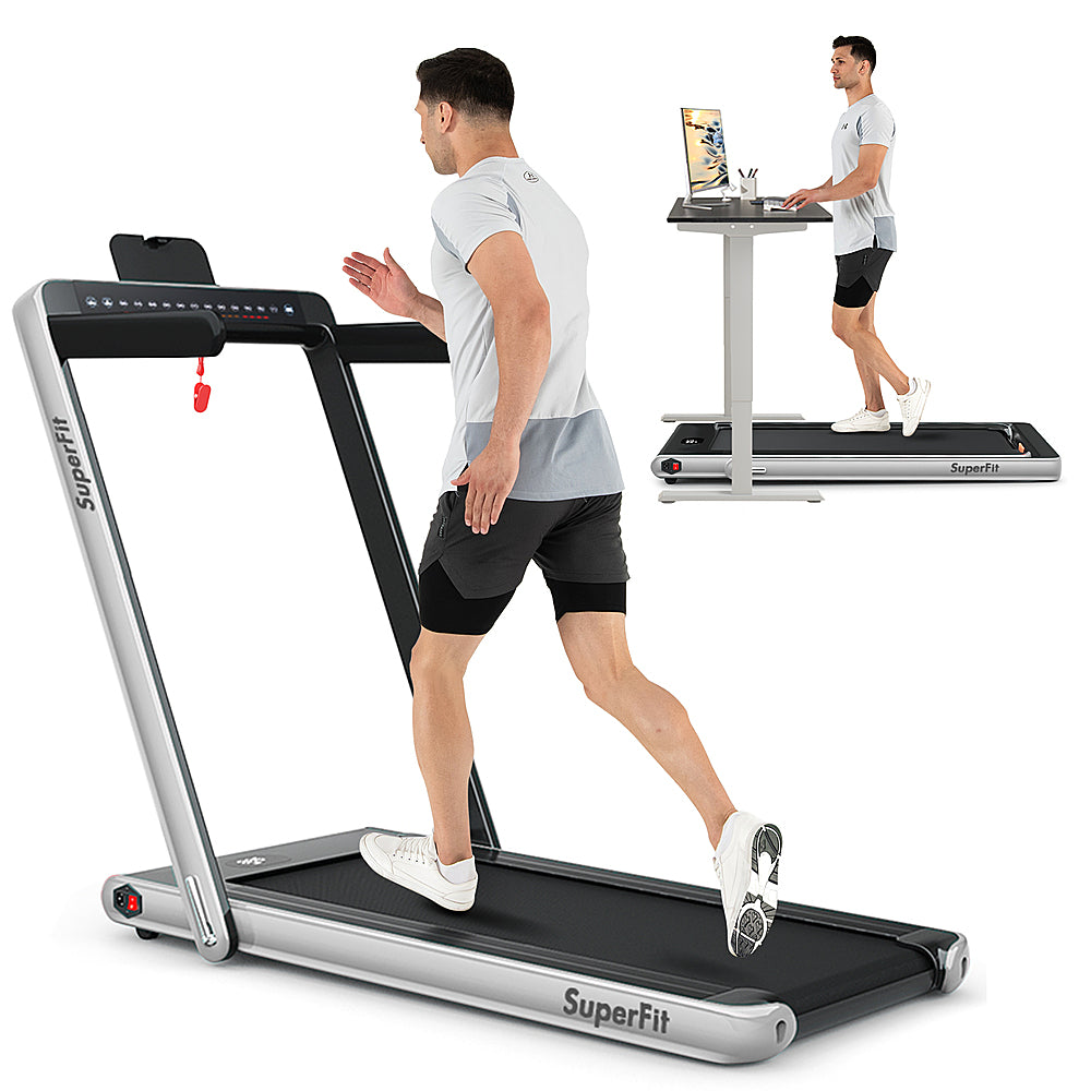 Costway - Up To 7.5MPH 2.25HP 2 in 1 Dual Display Screen Treadmill Jogging Machine W/APP Control - Silver_0