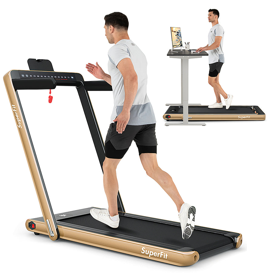 Costway - Up To 7.5MPH 2.25HP 2 in 1 Dual Display Screen Treadmill Jogging Machine W/APP Control - Gold_0