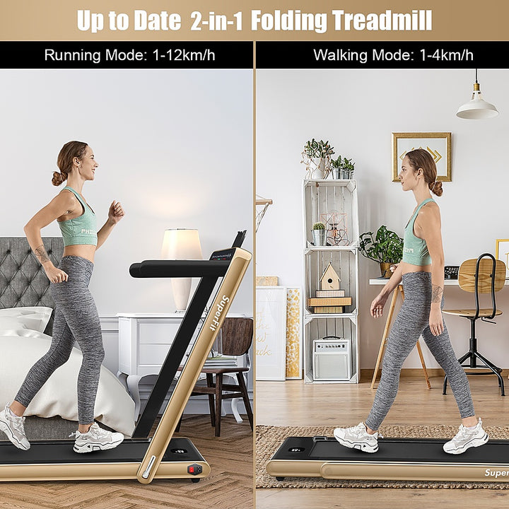 Costway - Up To 7.5MPH 2.25HP 2 in 1 Dual Display Screen Treadmill Jogging Machine W/APP Control - Gold_1