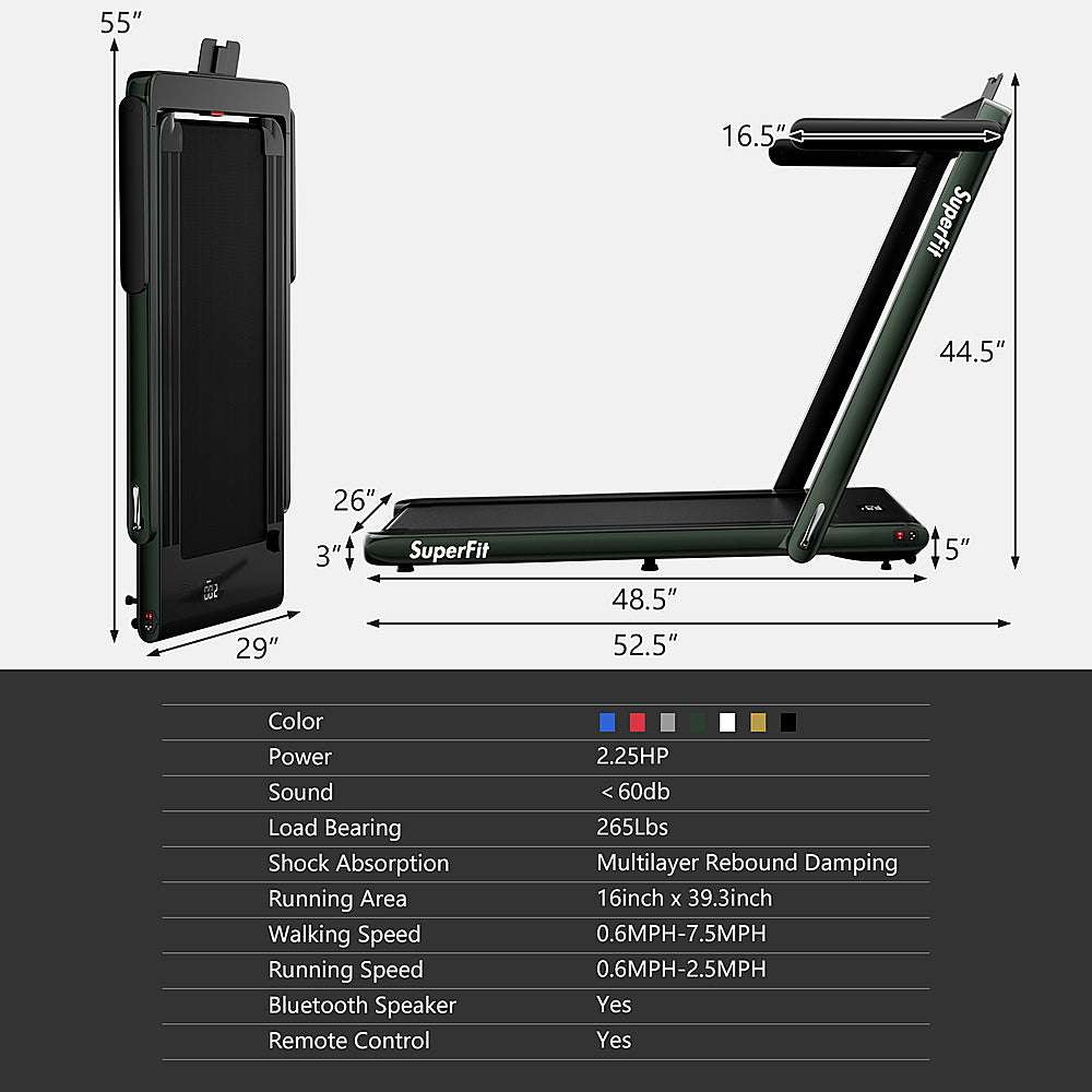 Costway - Up To 7.5MPH 2.25HP 2 in 1 Single Display Screen Treadmill W/ Speaker Remote Control APP - Green_1