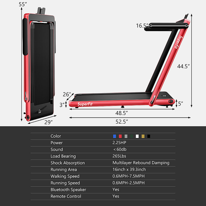 Costway - Up To 7.5MPH 2.25HP 2 in 1 Single Display Screen Treadmill Remote Control W/ APP Control Speaker - Red_10