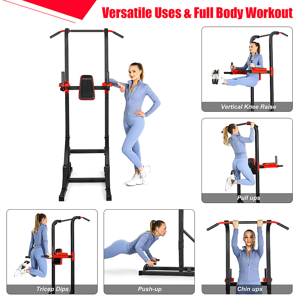 Costway - Multi-function Power Tower Pull Up Bar Dip Stand Home Gym Full-body Workout - Black/Red_3