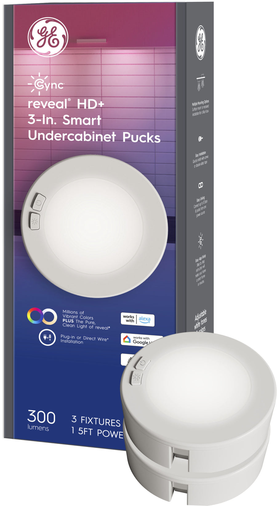 GE - Cync Reveal HD+ Smart Undercabinet Puck Lights 3in, 3pk - Full Color - White_0