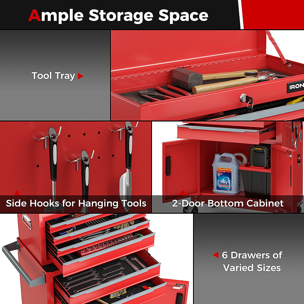 Costway 2 in 1 Rolling Cabinet Storage Organizer Chest Box Garage 6 Drawer Toolbox Red - Red_6