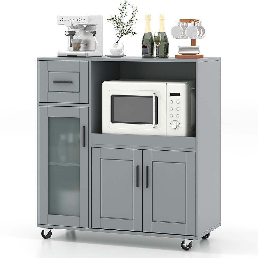 Costway Rolling Kitchen Island with Wheels Kitchen Cart with Drawer and Glass Door Cabinet - Gray_0