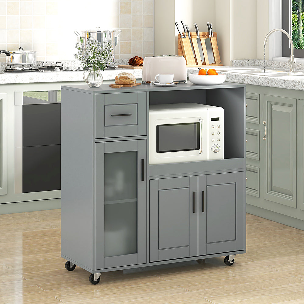 Costway Rolling Kitchen Island with Wheels Kitchen Cart with Drawer and Glass Door Cabinet - Gray_1