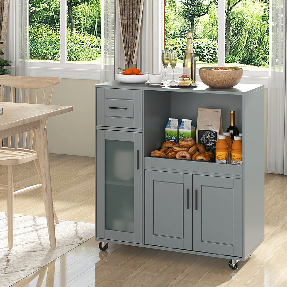 Costway Rolling Kitchen Island with Wheels Kitchen Cart with Drawer and Glass Door Cabinet - Gray_2