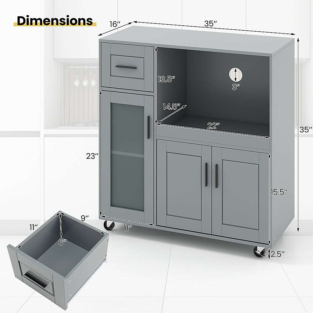 Costway Rolling Kitchen Island with Wheels Kitchen Cart with Drawer and Glass Door Cabinet - Gray_3