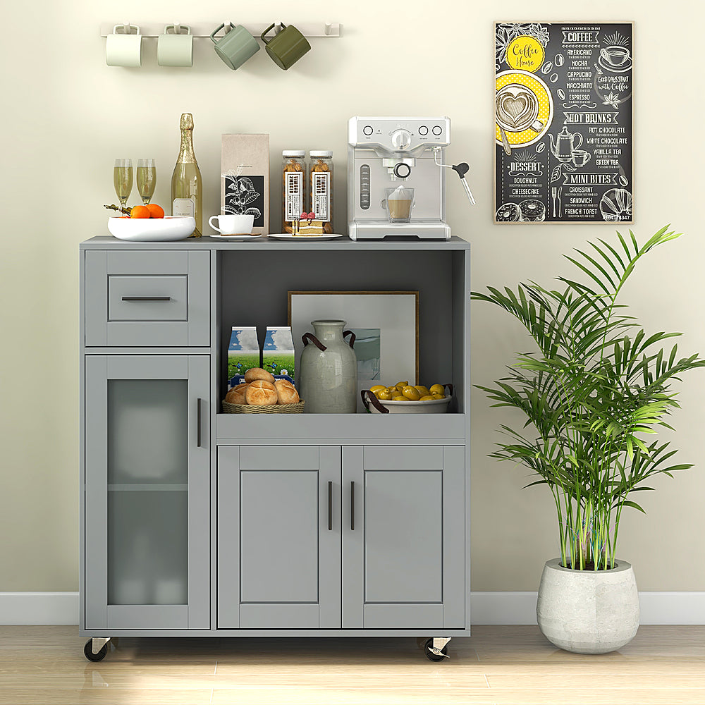 Costway Rolling Kitchen Island with Wheels Kitchen Cart with Drawer and Glass Door Cabinet - Gray_4