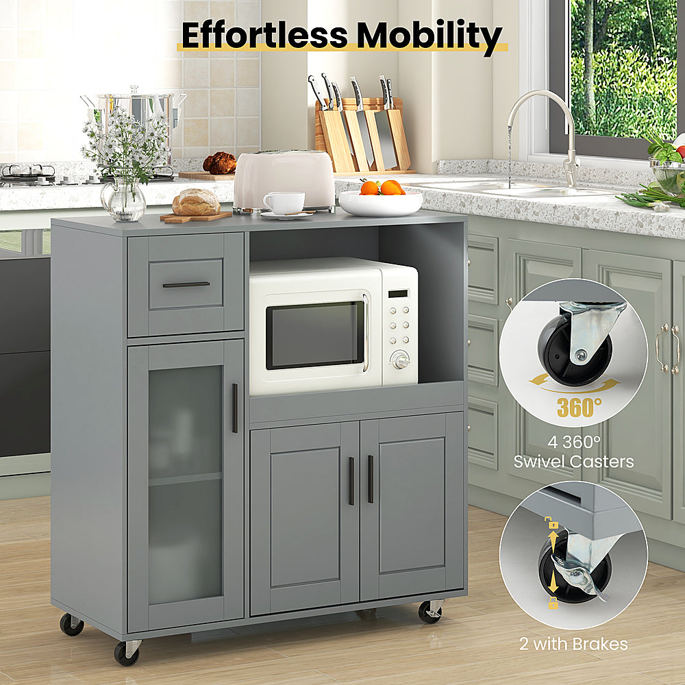 Costway Rolling Kitchen Island with Wheels Kitchen Cart with Drawer and Glass Door Cabinet - Gray_6