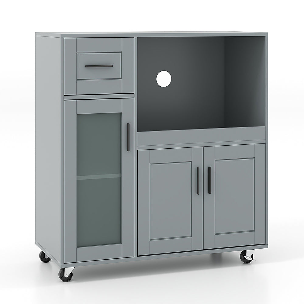 Costway Rolling Kitchen Island with Wheels Kitchen Cart with Drawer and Glass Door Cabinet - Gray_9