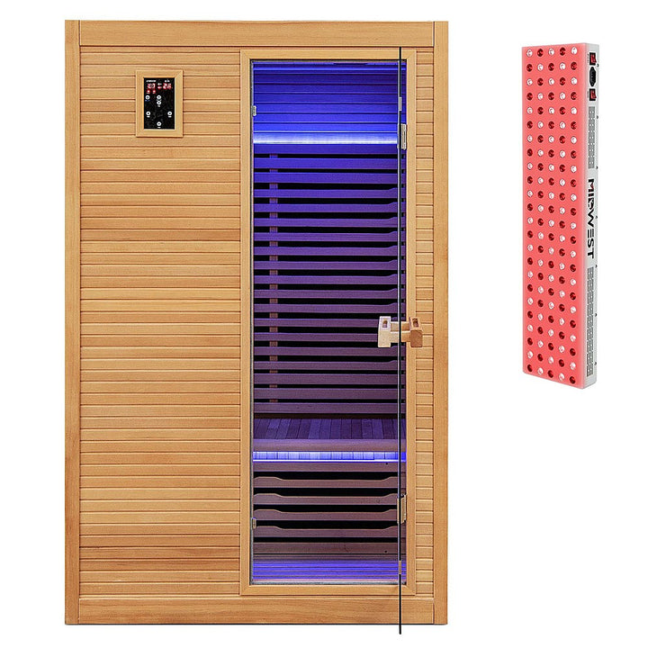 Costway 2 People Far Infrared Wooden Sauna Room with Bluetooth Speakers 4 Light Strips Free Red Light Therapy - Natural_0