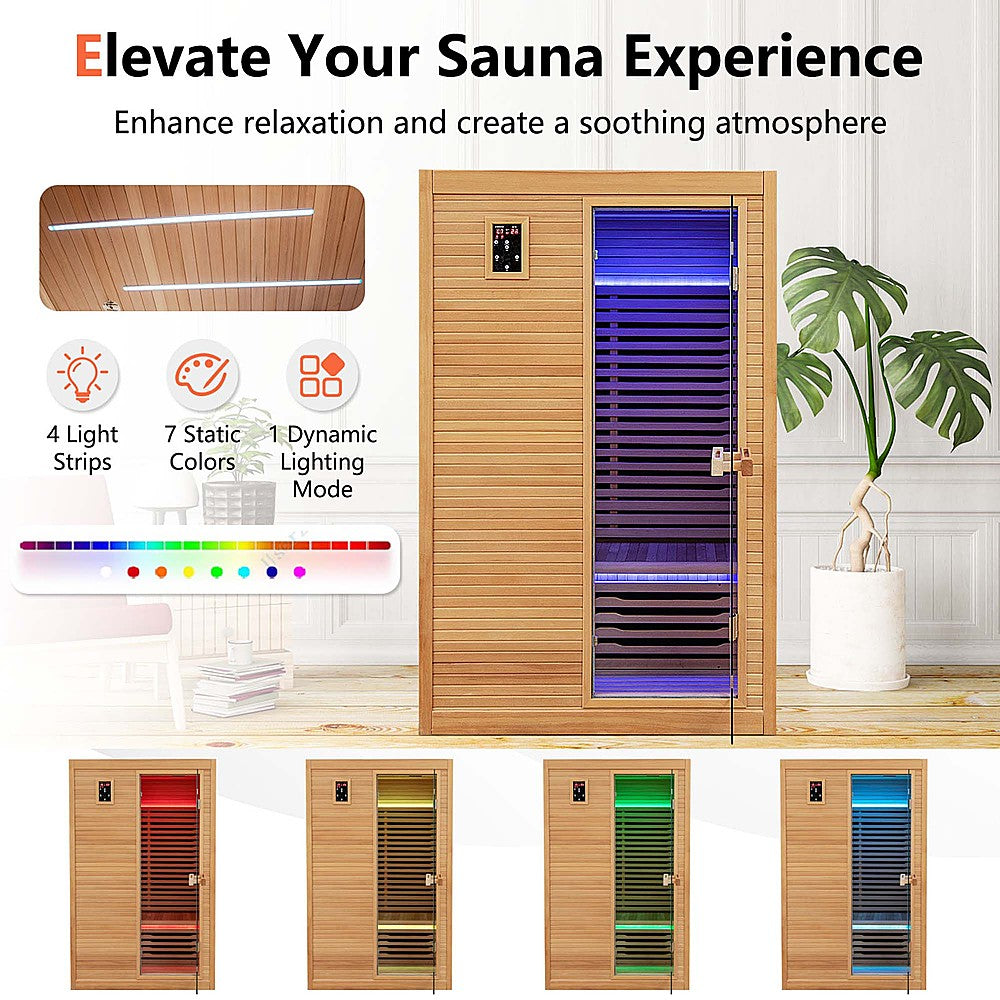 Costway 2 People Far Infrared Wooden Sauna Room with Bluetooth Speakers 4 Light Strips Free Red Light Therapy - Natural_1