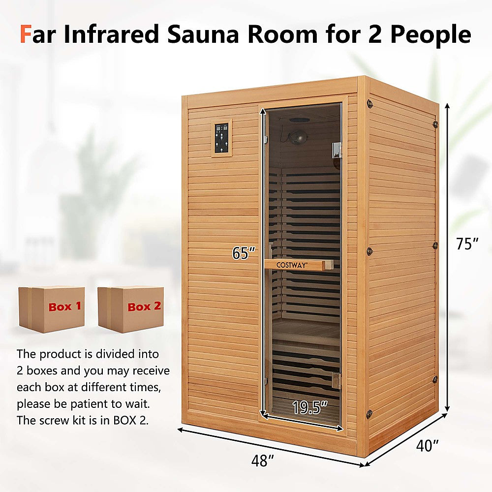 Costway 2 People Far Infrared Wooden Sauna Room with Bluetooth Speakers 4 Light Strips Free Red Light Therapy - Natural_2