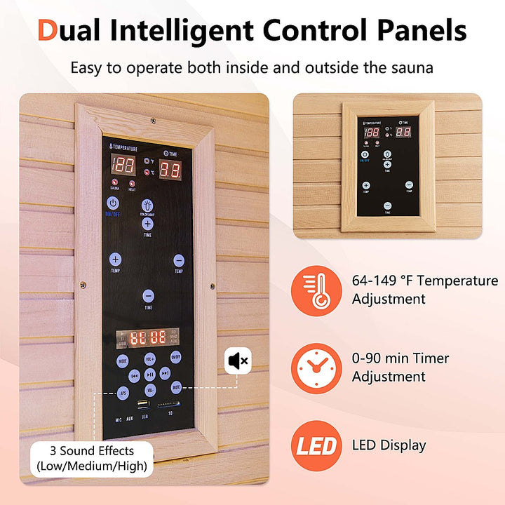 Costway 2 People Far Infrared Wooden Sauna Room with Bluetooth Speakers 4 Light Strips Free Red Light Therapy - Natural_3