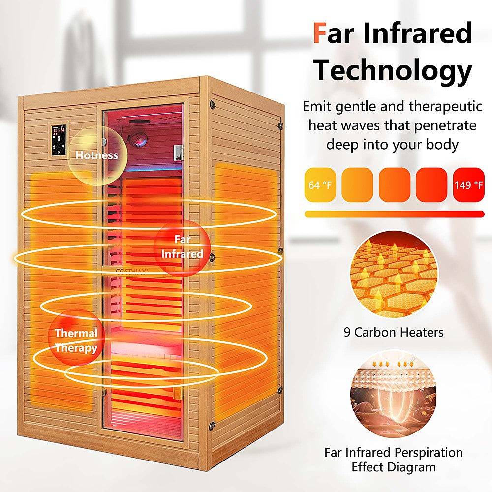 Costway 2 People Far Infrared Wooden Sauna Room with Bluetooth Speakers 4 Light Strips Free Red Light Therapy - Natural_5