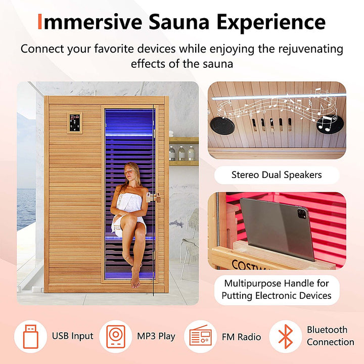 Costway 2 People Far Infrared Wooden Sauna Room with Bluetooth Speakers 4 Light Strips Free Red Light Therapy - Natural_7