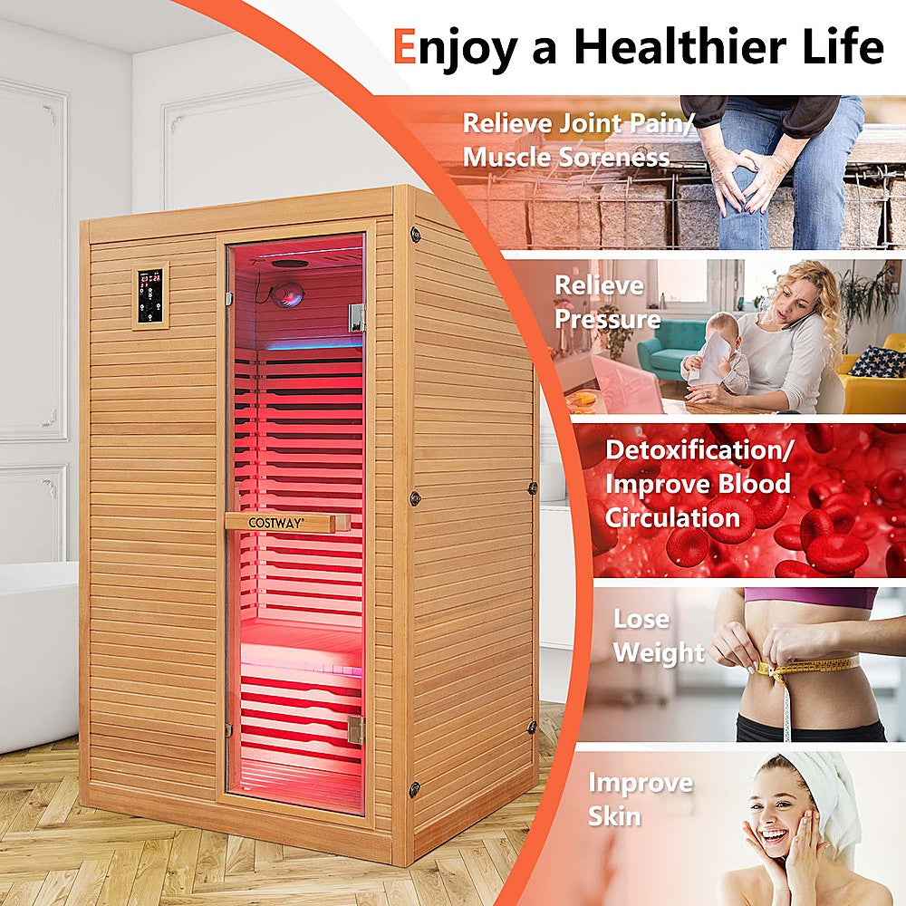 Costway 2 People Far Infrared Wooden Sauna Room with Bluetooth Speakers 4 Light Strips Free Red Light Therapy - Natural_8