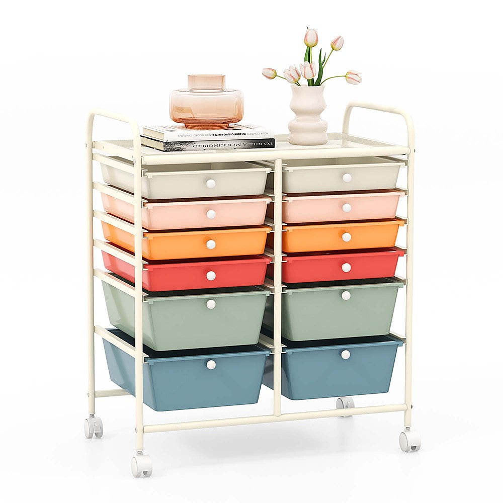 Costway 12-Drawer Rolling Storage Cart Organizer Cart with 2 Sizes Plastic Drawers - Macaron_0