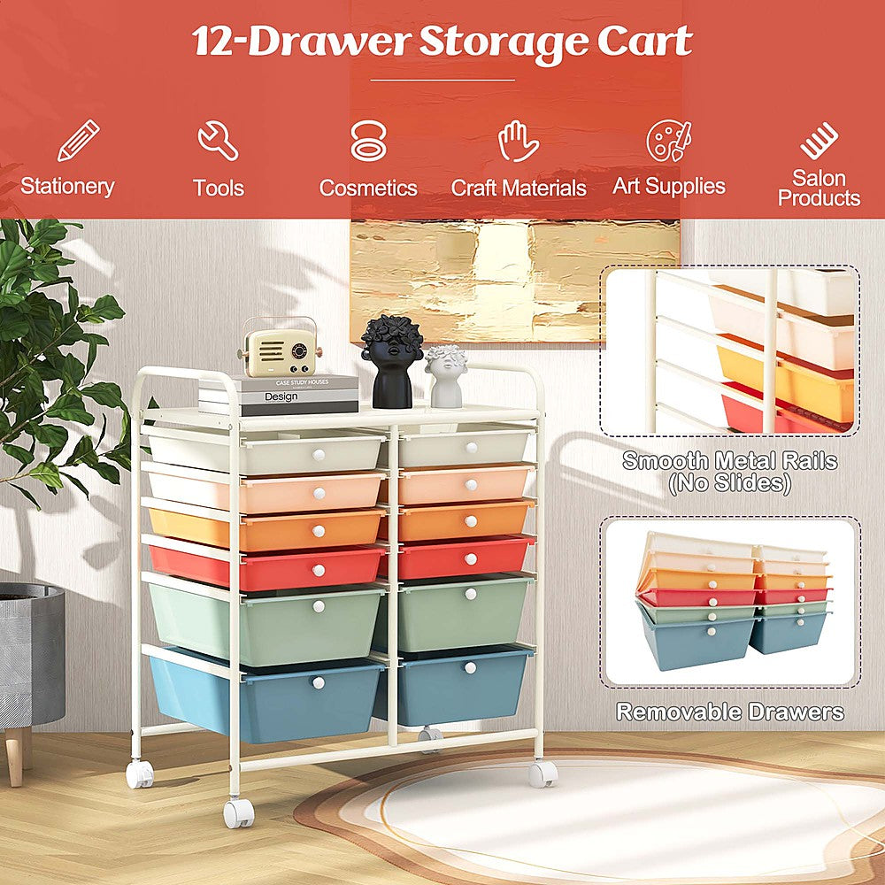 Costway 12-Drawer Rolling Storage Cart Organizer Cart with 2 Sizes Plastic Drawers - Macaron_4