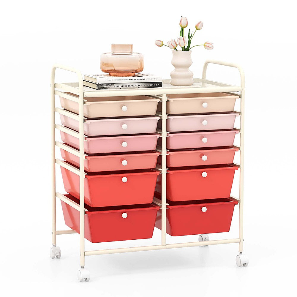 Costway 12 Drawers Rolling Cart Storage Mutlicolor Scrapbook Paper Studio Organizer Bins - Gradient Pink_0