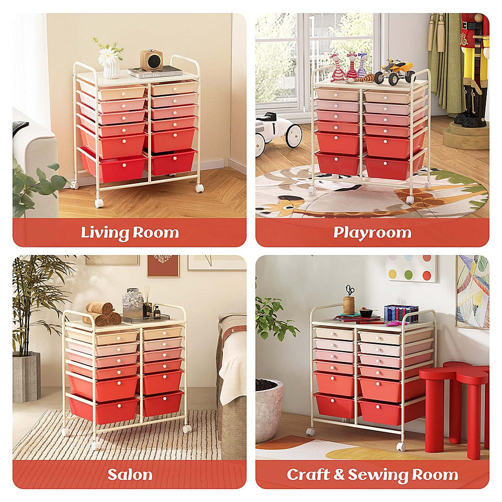 Costway 12 Drawers Rolling Cart Storage Mutlicolor Scrapbook Paper Studio Organizer Bins - Gradient Pink_4