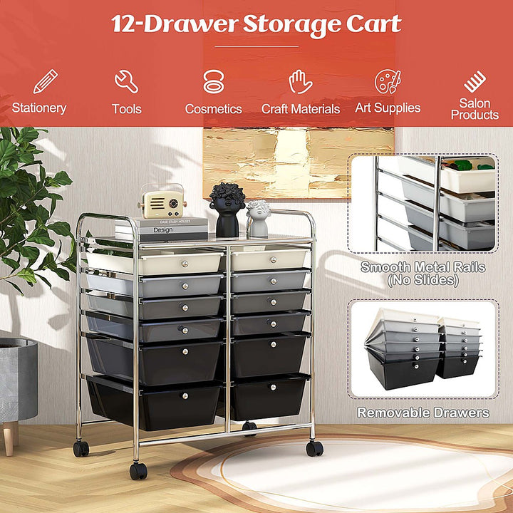 Costway 12 Drawers Rolling Cart Storage Mutlicolor Scrapbook Paper Studio Organizer Bins - Gradient Grey_9