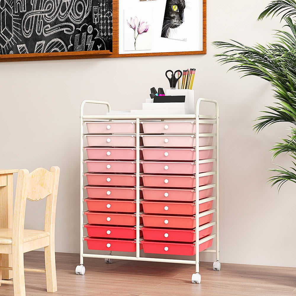 Costway 20 Drawers Rolling Storage Cart Art Craft Organizer on Wheels Multipurpose - Gradient Pink_1