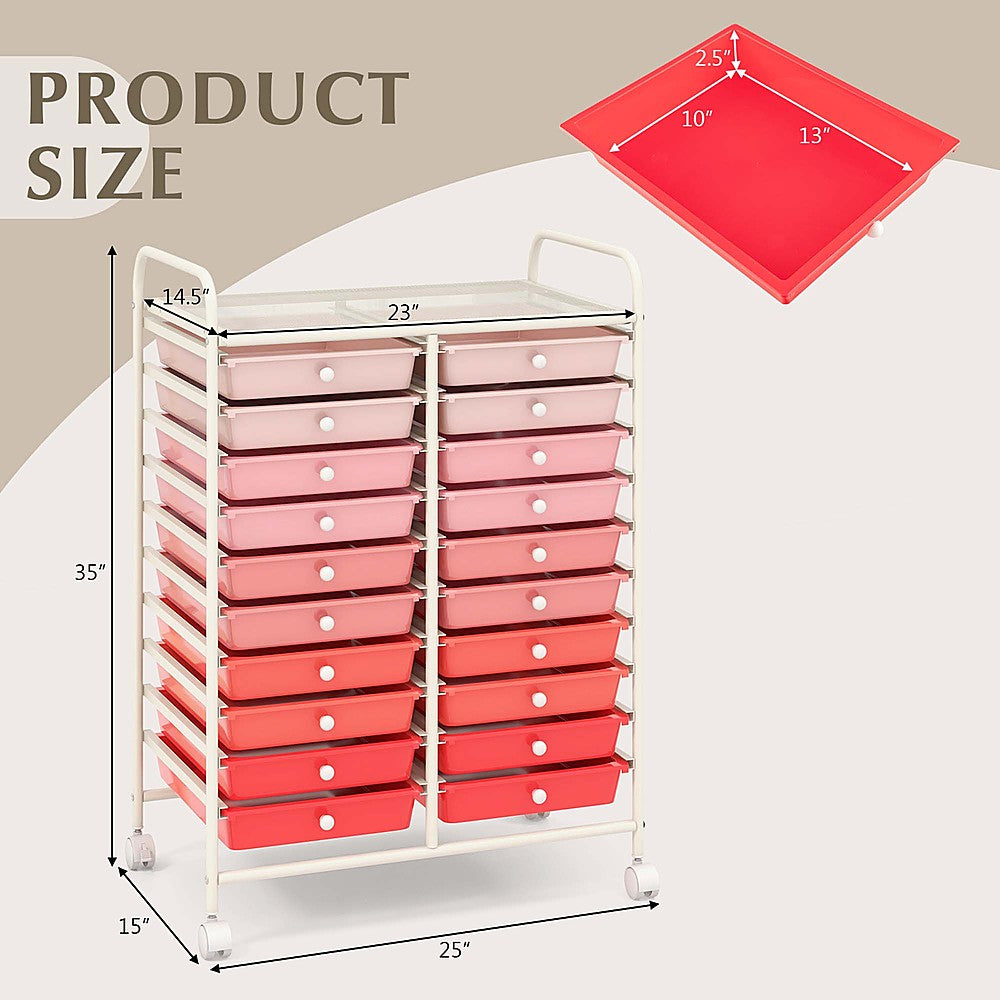 Costway 20 Drawers Rolling Storage Cart Art Craft Organizer on Wheels Multipurpose - Gradient Pink_2