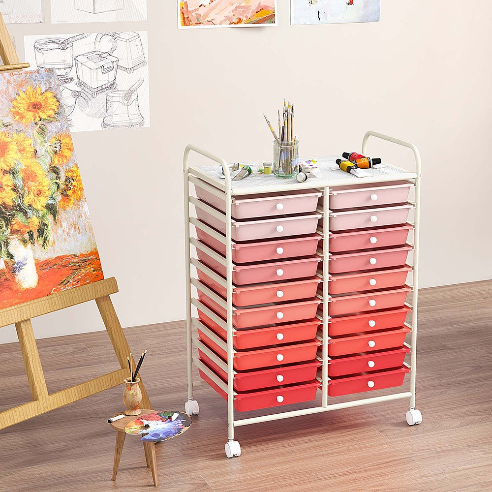 Costway 20 Drawers Rolling Storage Cart Art Craft Organizer on Wheels Multipurpose - Gradient Pink_3