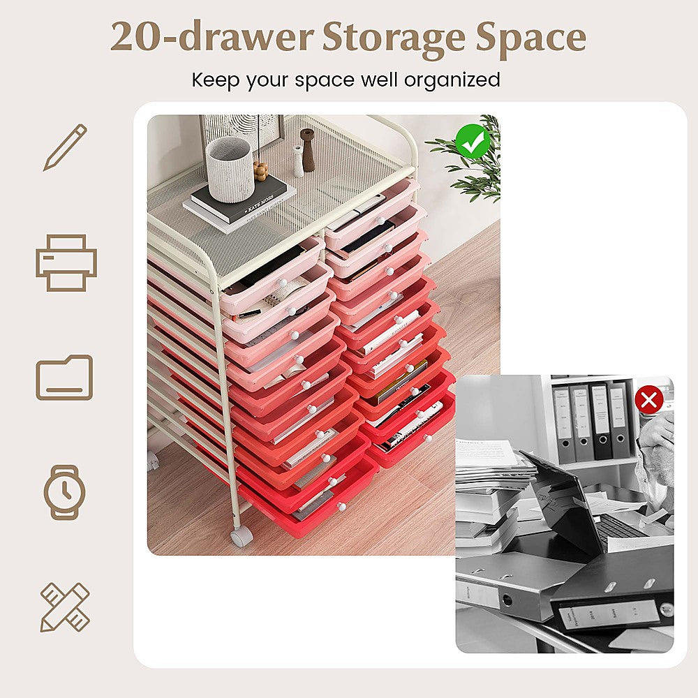 Costway 20 Drawers Rolling Storage Cart Art Craft Organizer on Wheels Multipurpose - Gradient Pink_6